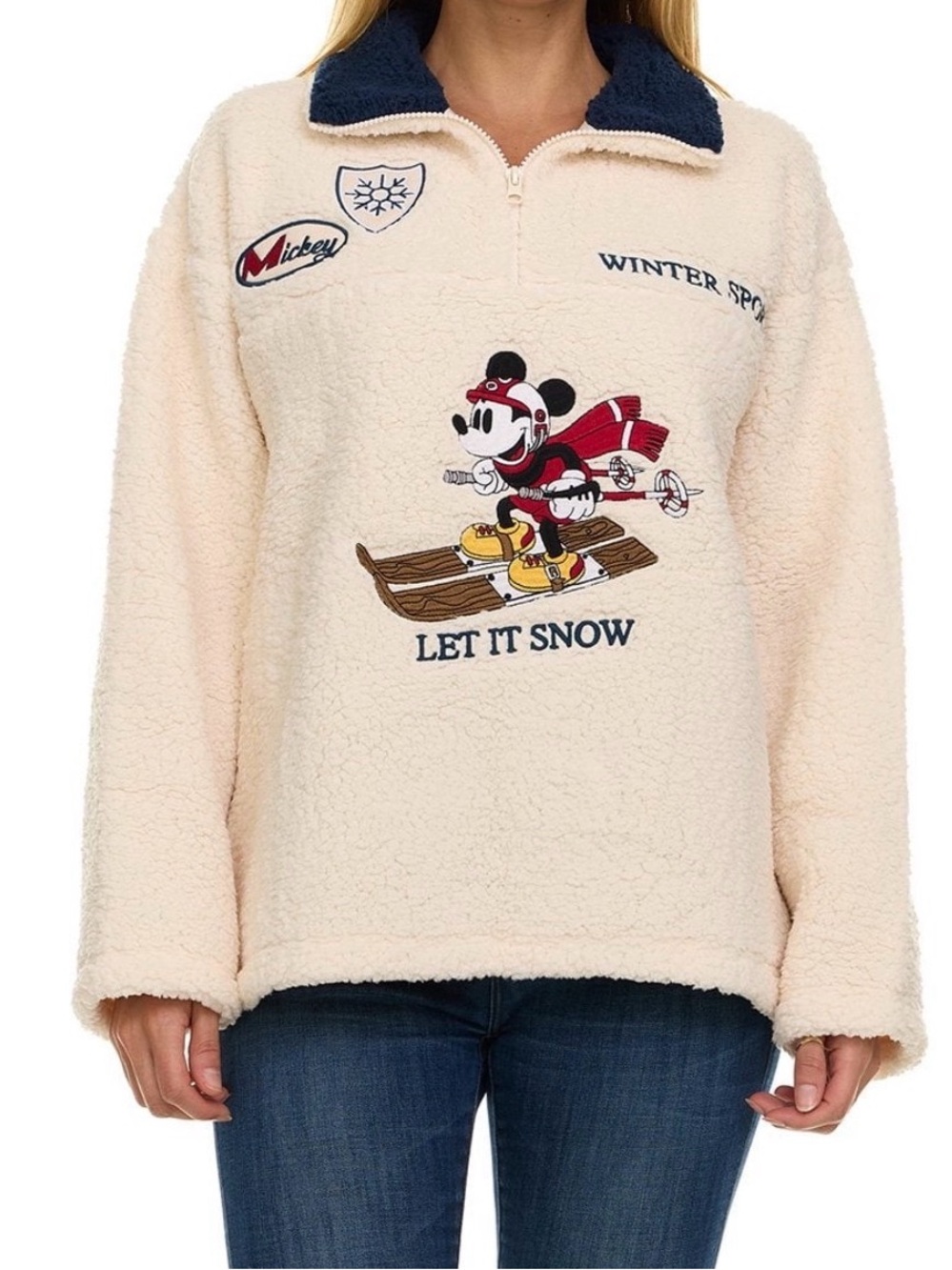 Disney Cream Sherpa Fleece Sweater with Mickey Ski Patch